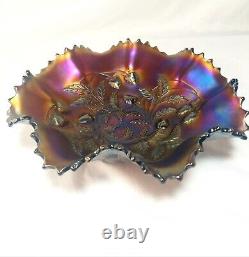 Antique Northwood Amethist Strawberry Vines Scalloped Edge Carnival Glass Bowl