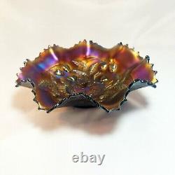 Antique Northwood Amethist Strawberry Vines Scalloped Edge Carnival Glass Bowl