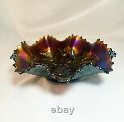 Antique Northwood Amethist Strawberry Vines Scalloped Edge Carnival Glass Bowl