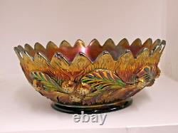 Antique Northwood Carnival Glass Acorn Burrs Berry Bowl Green Amethyst 9.25X4