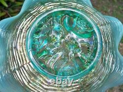Antique Northwood Carnival Glass Aqua Opalescent Rose Show Ruffled Bowl