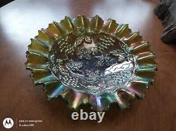 Antique Northwood Carnival Glass Grape Bowl Iridescent Green