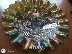 Antique Northwood Carnival Glass Grape Bowl Iridescent Green