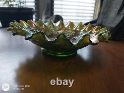 Antique Northwood Carnival Glass Grape Bowl Iridescent Green