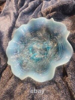 Antique Northwood Carnival Glass Ice Blue Opal Rose Show Ruffled Bowl. AMAZING