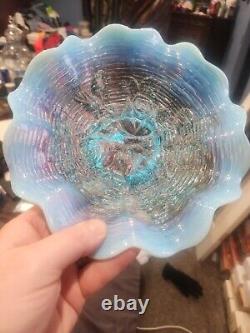 Antique Northwood Carnival Glass Ice Blue Opal Rose Show Ruffled Bowl. AMAZING