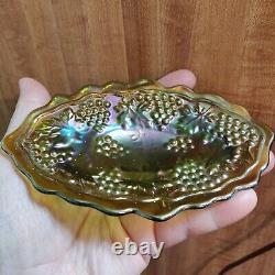 Antique Northwood Green Iridescent Carnival Glass Grape & Cable Dresser Pin Tray