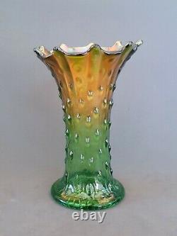 Antique Northwood carnival Iridescent green & gold glass vase, 7.5 inches