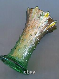 Antique Northwood carnival Iridescent green & gold glass vase, 7.5 inches