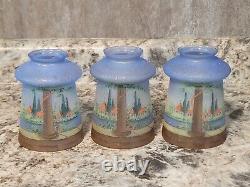 Antique Rare 4pc Carnival Glass Hand Painted Light Fixture Shades Water Scene
