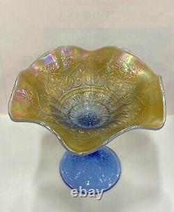 Antique Renninger Blue OPALESCENT Carnival Glass Hearts & Flowers Compote