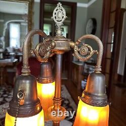 Antique Triple Arm TABLE Art Deco MSLC LAMP, NUART Orange Carnival GLASS SHADES