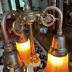 Antique Triple Arm TABLE Art Deco MSLC LAMP, NUART Orange Carnival GLASS SHADES