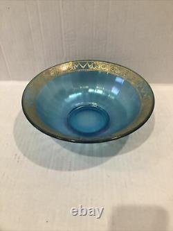 Antique iridescent bowl tassle and drape four seam blue with raised gold 9 3/4D