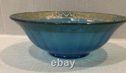Antique iridescent bowl tassle and drape four seam blue with raised gold 9 3/4D