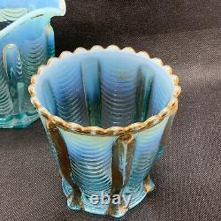 Antique northwood carnival glass blue opalescent drapery sugar and creamer