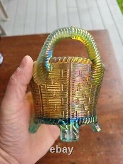 Aqua Opalescent Northwood Carnival Glass Bushel Basket Great Color