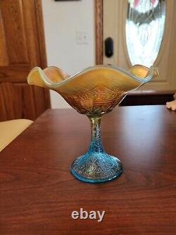 Aqua Opalescent Northwood Carnival Glass Hearts & Flowers Compote