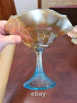 Aqua Opalescent Northwood Carnival Glass Hearts & Flowers Compote