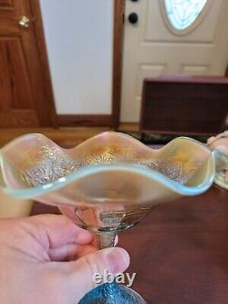 Aqua Opalescent Northwood Carnival Glass Hearts & Flowers Compote