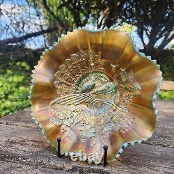 Aqua Opalescent Northwood Carnival Glass Peacocks on the Fence Bowl Beautiful