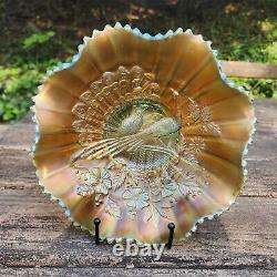 Aqua Opalescent Northwood Carnival Glass Peacocks on the Fence Bowl Beautiful