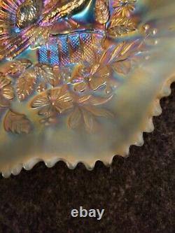 Aqua Opalescent Northwood Carnival Glass Peacocks on the Fence Bowl Ruffled