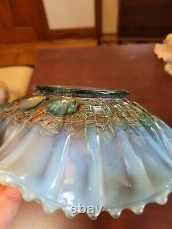 Aqua Opalescent Northwood Carnival Glass Stippled Three Fruits Bowl
