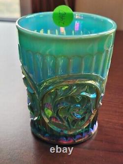 Awesome Aqua Opalescent Circle Scroll Crider Art Glass Carnival Glass Tumbler
