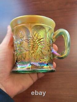 Awesome Aqua Opalescent Northwood Carnival Glass Dandelion Pattern Mug