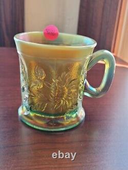 Awesome Aqua Opalescent Northwood Carnival Glass Dandelion Pattern Mug