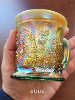 Awesome Aqua Opalescent Northwood Carnival Glass Dandelion Pattern Mug