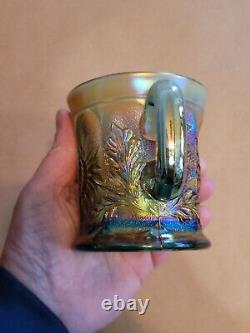 Awesome Aqua Opalescent Northwood Carnival Glass Dandelion Pattern Mug