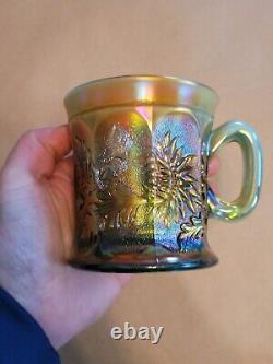 Awesome Aqua Opalescent Northwood Carnival Glass Dandelion Pattern Mug