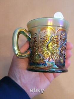 Awesome Aqua Opalescent Northwood Carnival Glass Dandelion Pattern Mug