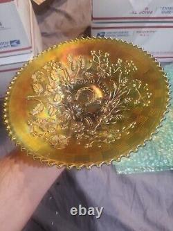 Awesome Carnival Glass GREEN Northwood GOOD LUCK PLATE. Excellent Condition