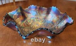 Awesome Color BLUE Fenton Carnival Glass Stag & Holly Deep Bowl