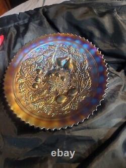 Awesome Electric Stippled Rootbeer Northwood Carnival Glass Three Fruits Plate