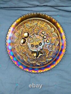 Awesome Electric Stippled Rootbeer Northwood Carnival Glass Three Fruits Plate
