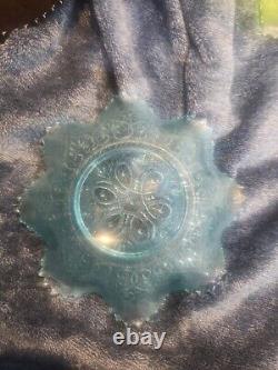 Awesome Ice Blue Northwood Carnival Glass Hearts & Flowers Ruffled Bowl