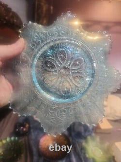 Awesome Ice Blue Northwood Carnival Glass Hearts & Flowers Ruffled Bowl