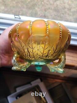 Awesome Northwood Aqua Opalescent Carnival Glass Leaf & Beads Rose Bowl