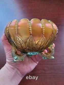 Awesome Northwood Aqua Opalescent Carnival Glass Leaf & Beads Rose Bowl