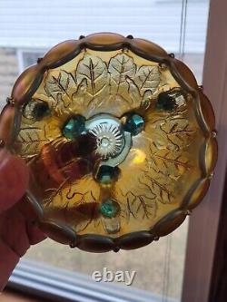 Awesome Northwood Aqua Opalescent Carnival Glass Leaf & Beads Rose Bowl