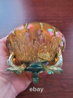 Awesome Northwood Aqua Opalescent Carnival Glass Leaf & Beads Rose Bowl