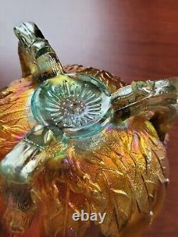 Awesome Northwood Aqua Opalescent Carnival Glass Leaf & Beads Rose Bowl