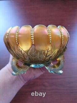 Awesome Northwood Aqua Opalescent Carnival Glass Leaf & Beads Rose Bowl