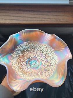 Awesome Peach Opalescent Dugan Carnival Glass Soutache Pattern Bowl