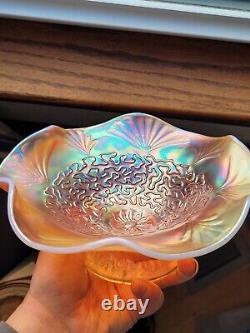 Awesome Peach Opalescent Dugan Carnival Glass Soutache Pattern Bowl