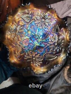 Awesome Poinsettia And Lattice Northwood Carnival Glass Bowl Spectacular Purple